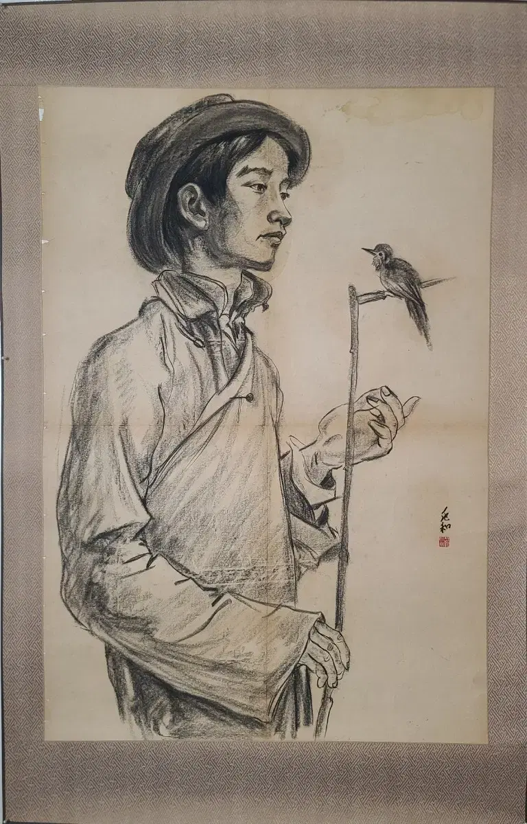 장조화, 소년과 새   연필화, 78x53cm.